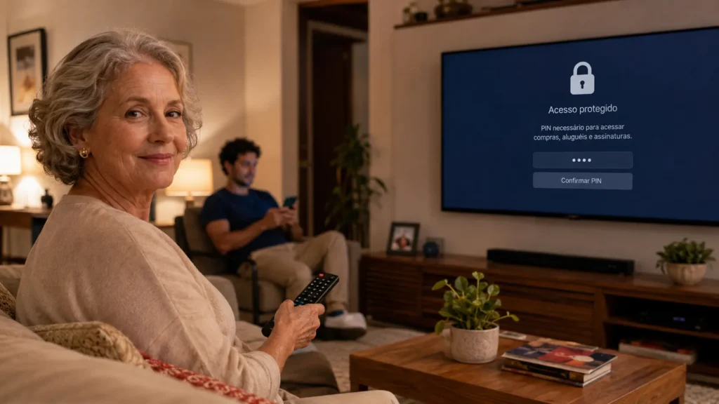 Mulher usando Smart TV protegida contra compras acidentais.