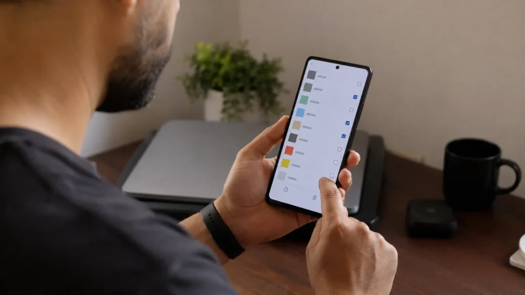 Homem limpando downloads e arquivos grandes para liberar memória no celular.