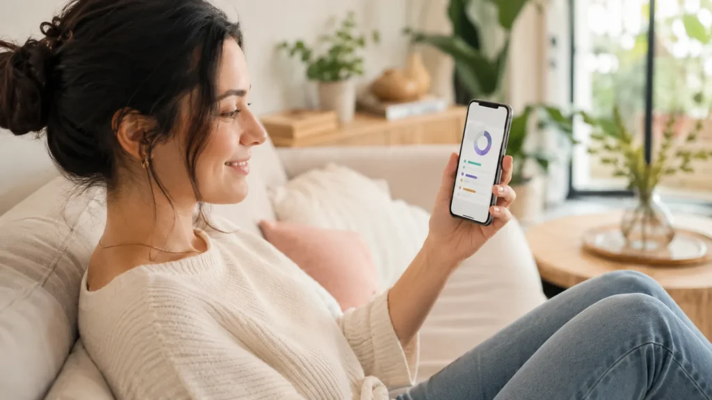 Mulher usando celular com armazenamento organizado após liberar espaço.