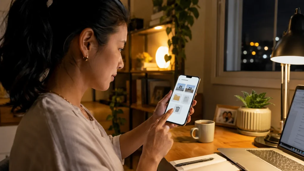 Mulher limpando arquivos grandes do WhatsApp para liberar espaço no celular.