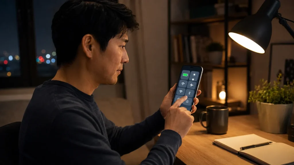 Homem ajustando brilho, conexão e economia de energia no celular durante a noite.