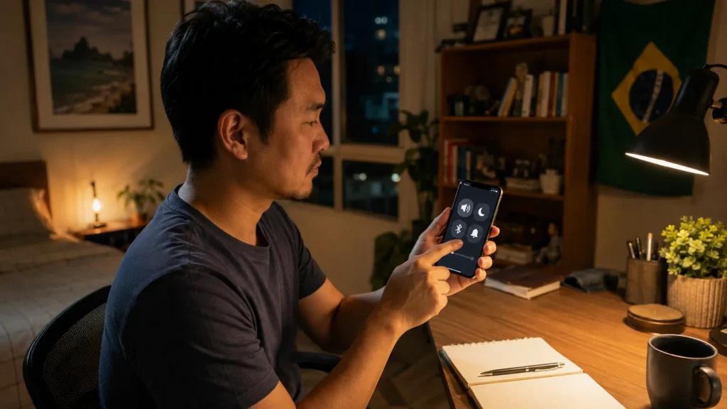Homem ajustando som e Bluetooth porque o celular não toca quando ligam.