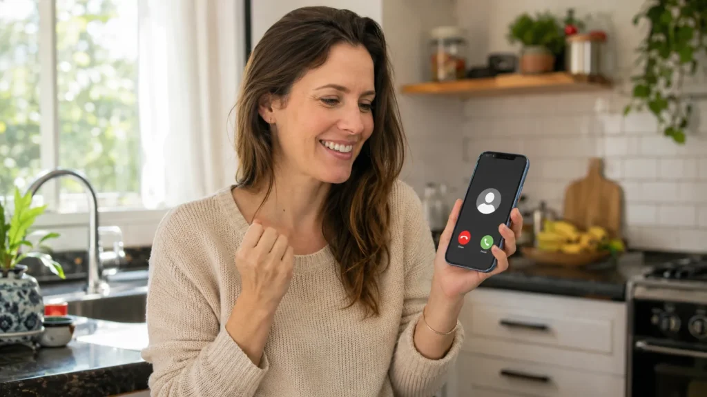 Mulher recebendo ligação depois de corrigir o celular que não tocava.