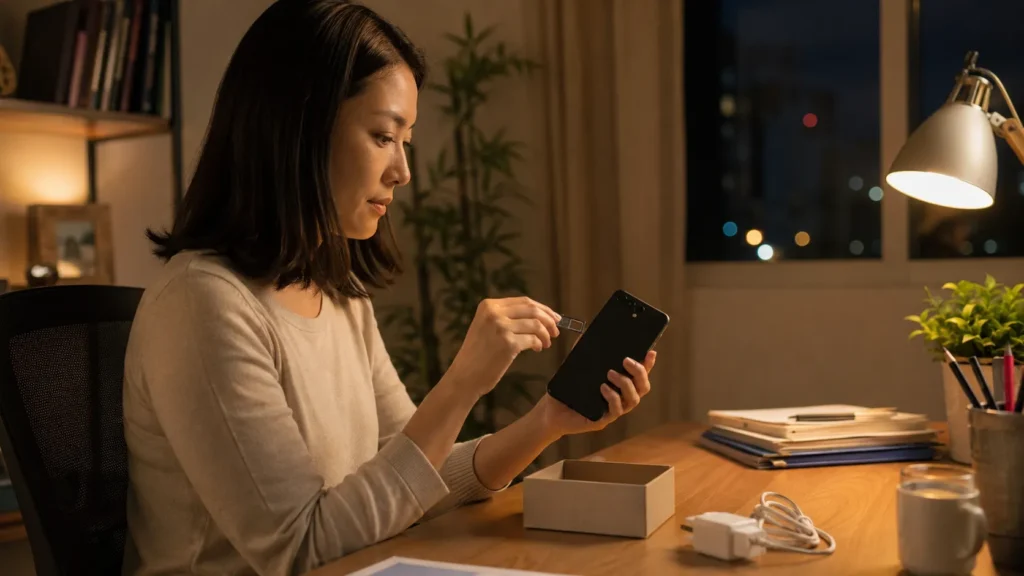 Mulher removendo chip e cartão de memória antes de passar o celular antigo para frente.