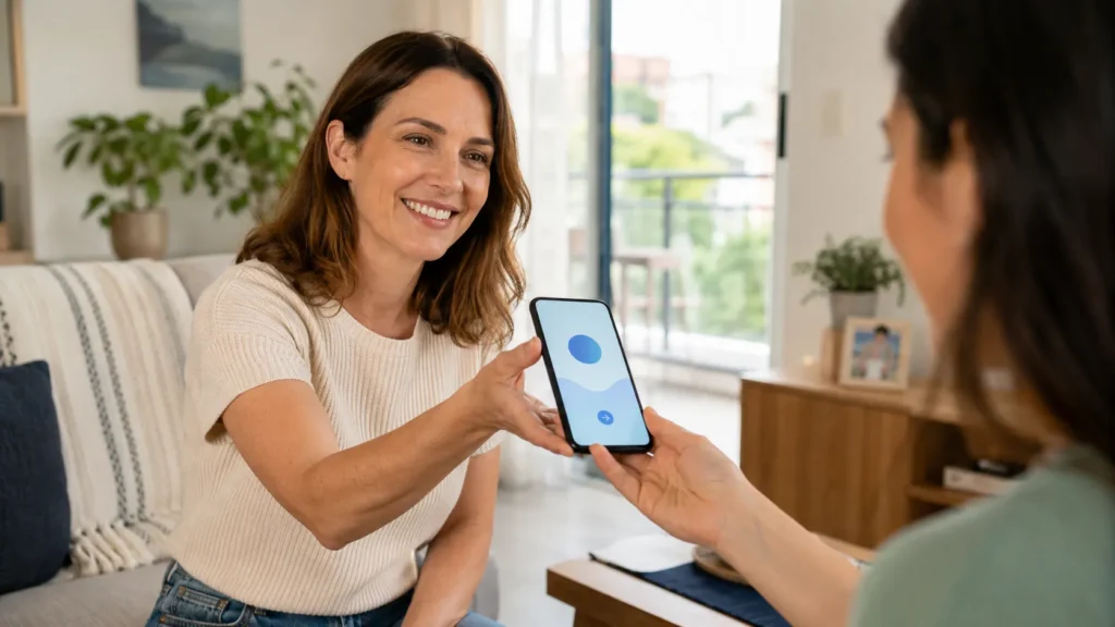 Mulher entregando celular restaurado e pronto para novo dono.