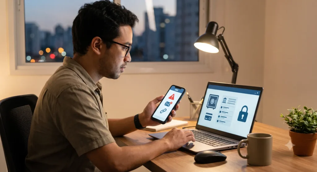 Homem conferindo link suspeito recebido por SMS no celular e no notebook.