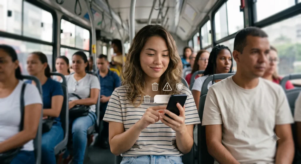 Uma mulher loira com óculos olha preocupada para o seu smartphone em um café. Uma notificação virtual flutuante sobre o telefone exibe ícones de ponto de exclamação vermelho, cadeado e link quebrado, representando um alerta de segurança de phishing.