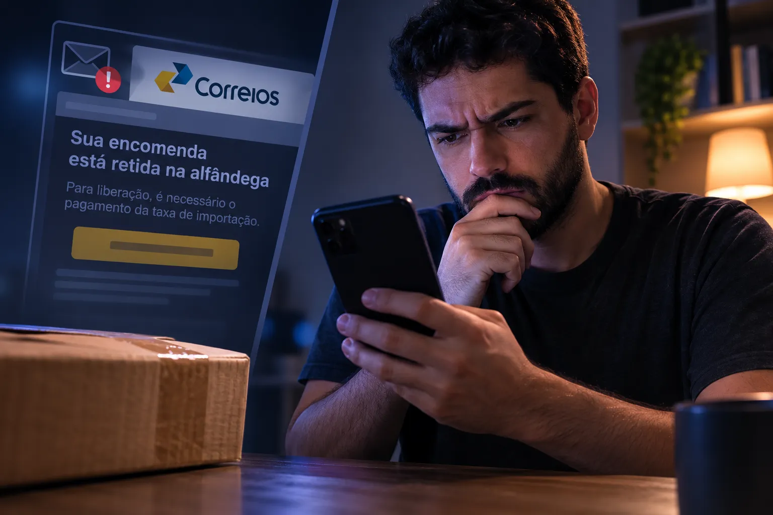 E-mail dos Correios sobre alfândega? Veja se é golpe A mensagem diz que sua encomenda foi retida e precisa de pagamento urgente, mas o link pode levar a uma página falsa.